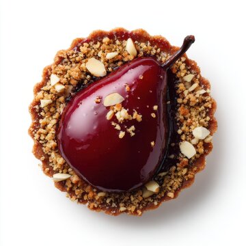pear tartlet with glossy finish and nut crumps isolated on a white background 