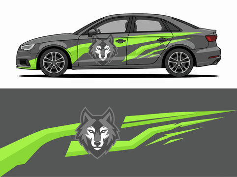 Grey car with neon green wolf decal wrap design
