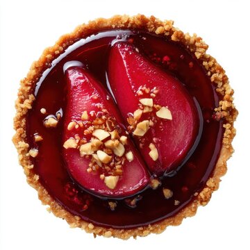 Red wine poached pear tartlet with glossy finish and nut crumps isolated on a white background 