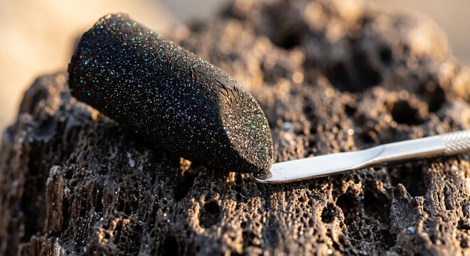 Macro of dark shimmering lipstick bullet on rough wood bark with a metal spatula