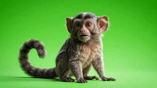 Little Monkey Sitting and Looking Around on Green Screen. 4K Video