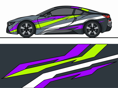 Sporty car with vibrant geometric racing decals and sleek design