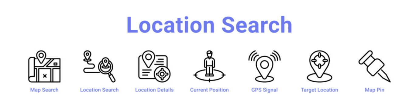 Location Search Web Icon in banner collection with line art collection