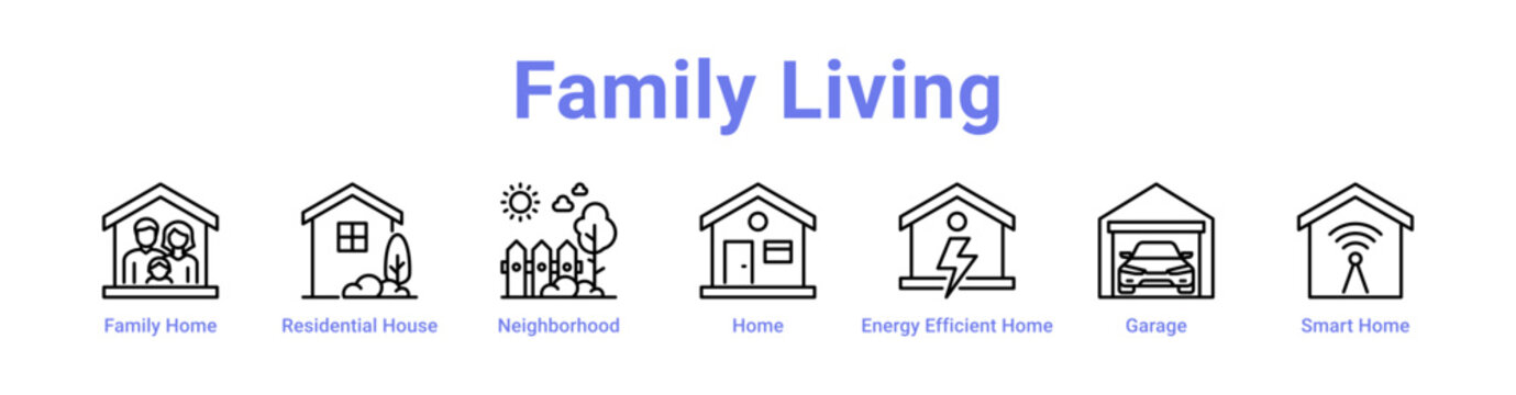 -Family Living Web Icon in banner collection with line art collection
