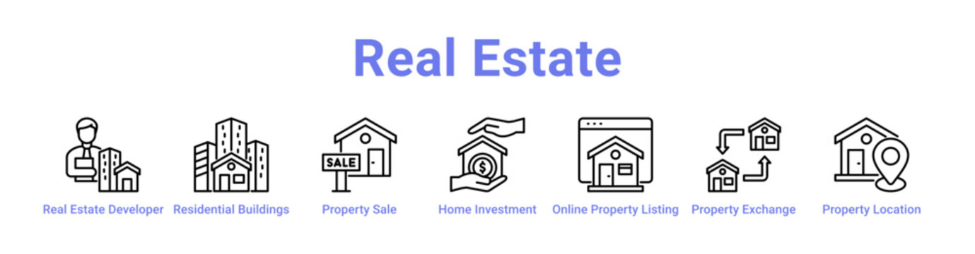 -Real Estate Web Icon in banner collection with line art collection