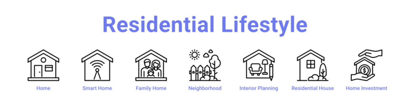 -Residential Lifestyle Web Icon in banner collection with line art collection