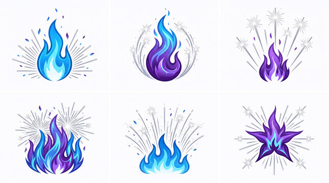 Ensemble d&rsquo;ic&ocirc;nes de flammes bleues et violettes