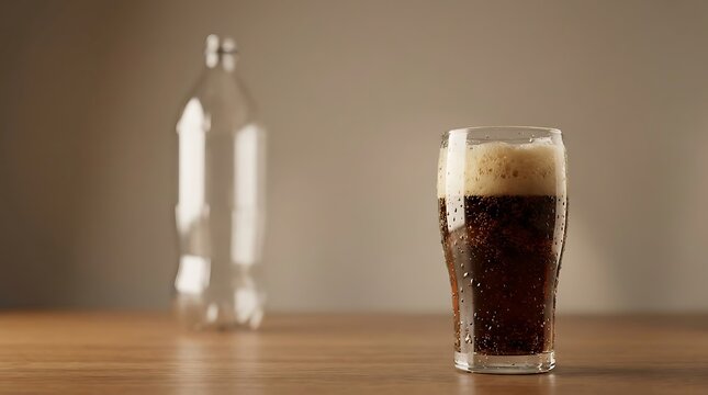 Cold glass of dark beer with foam on a wooden table with a blurred bottle in the background. 2 liter soda