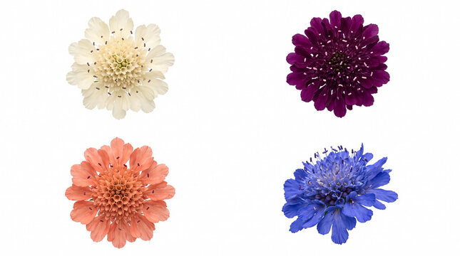 Quatre fleurs color&eacute;es pr&eacute;sent&eacute;es s&eacute;par&eacute;ment sur fond blanc