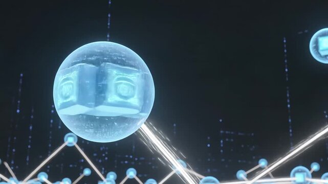 Glowing blockchain cryptocurrency nodes connecting in digital background.
