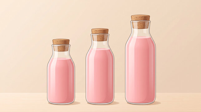 Trois bouteilles roses en verre en illustration minimaliste