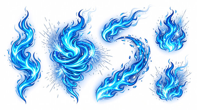 Collection de flammes bleues stylis&eacute;es isol&eacute;es sur fond blanc