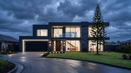 Fototapeta premium Maison contemporaine illuminée de nuit sous un ciel orageux