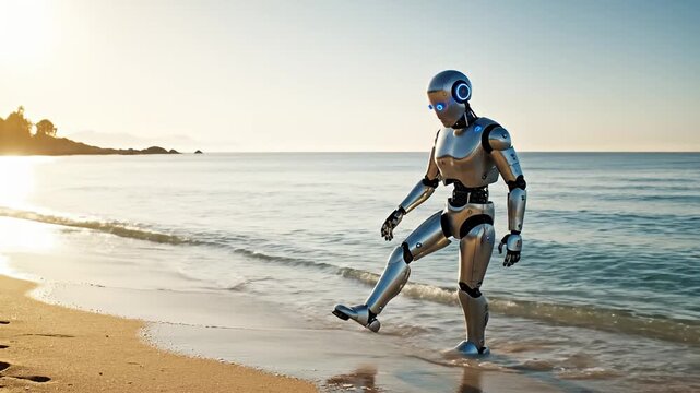Silver robot walking along sandy beach shoreline at sunset.