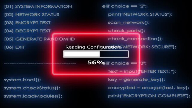 Hacker code on screen showing server connection with loading bar motion graphic.