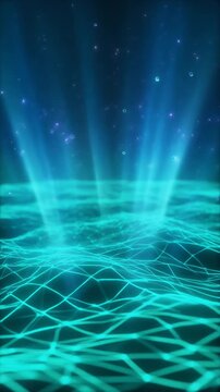 Abstract Digital Wireframe Landscape with Blue Light Rays Generative AI