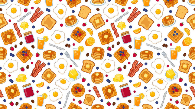 Colorful breakfast food seamless pattern with pancakes eggs and bacon