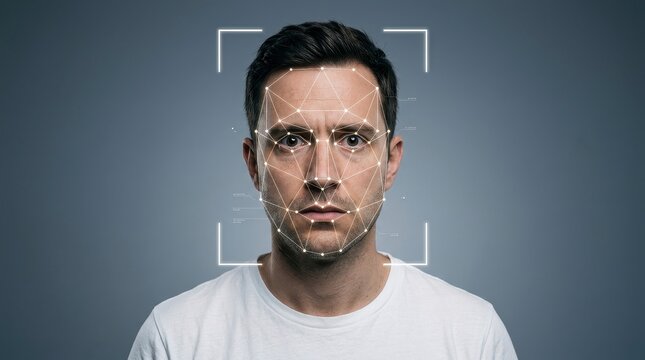 Facial Recognition Technology Scanning Mans Face for Identification.