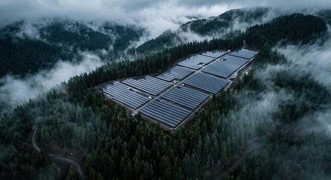 Aerial view of a large geometric solar panel array in a misty mountain forest.