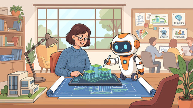 Creative architect woman collaborating with friendly robot on digital blueprint for futuristic building design, concept for innovation, technology and urban planning