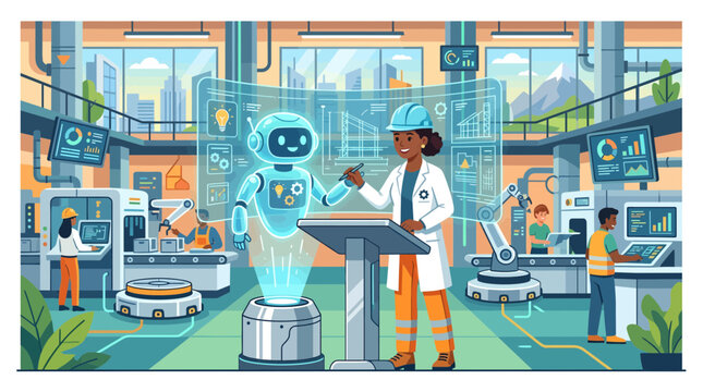 Modern factory interior with diverse engineers interacting with AI robot hologram, showcasing innovation and automation in manufacturing, concept for future industry and technological advancement.