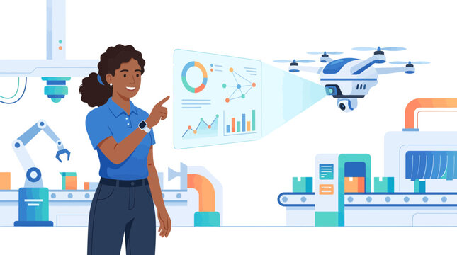 Modern female engineer interacting with drone data interface in smart factory, concept for automation, AI and industrial innovation, use for technology, manufacturing and business presentations.