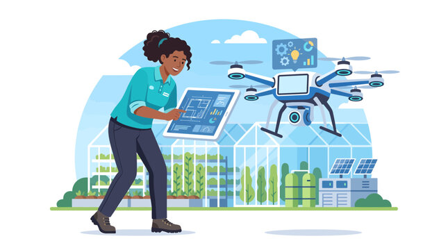 Innovative farmer controlling drone over smart greenhouse with data display, representing agricultural technology and sustainable farming practices for modern food production and crop management.
