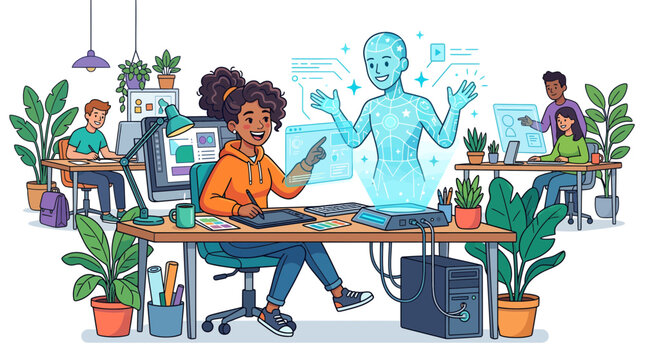 Vibrant diverse team with interactive holographic human body projection, illustrating innovative digital design workflow, ideal for health tech, education, and future concept marketing.