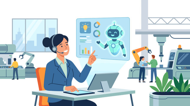 Modern customer support agent with holographic robot interface demonstrating future workforce collaboration, ideal for tech presentations, corporate training materials, and future industry reports.
