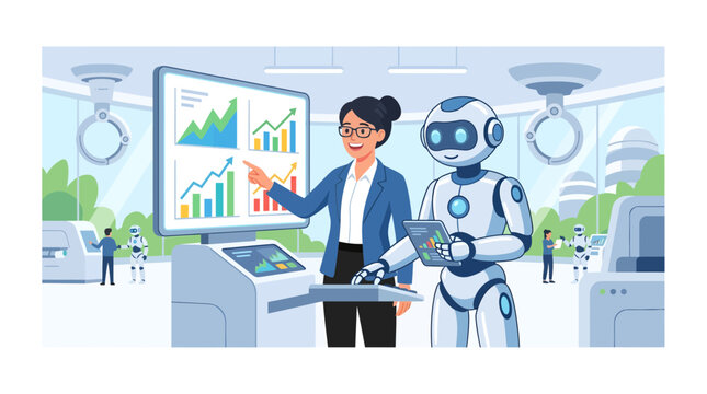 Dedicated business manager and humanoid robot analyzing data charts on a large screen, depicting smart factory automation and human-AI collaboration, perfect for technology reports, industrial