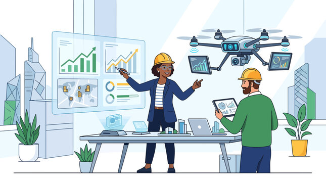 Innovative engineering professionals with advanced drone technology and data visualization for smart urban development and infrastructure, perfect for tech reports, construction presentations, and