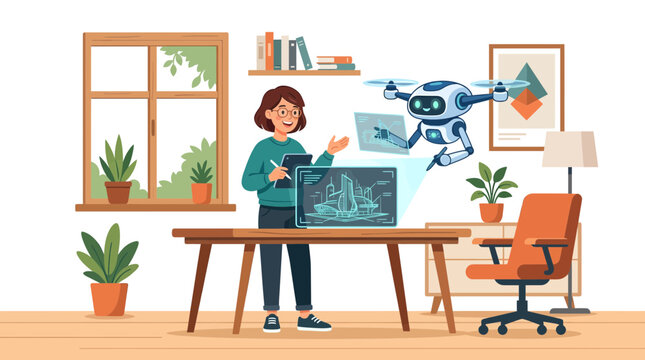 Modern female architect with holographic urban project display and AI drone assistance, illustrating advanced design and construction technology for smart city planning and digital innovation.