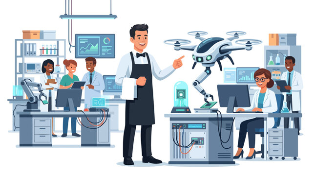 Innovative laboratory team with robotic assistant and drone, concept for scientific research, technological advancement, and future workspace.