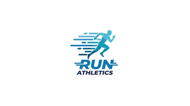 Animated graphic of a runner with abstract motion lines, text reads RUN ATHLETICS, clean motion graphics