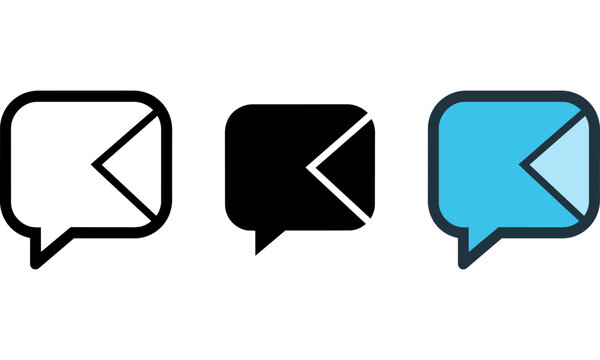 Speech bubble icon set, communication message signs in black outline, solid black, and blue flat styles for digital interface and web user interaction