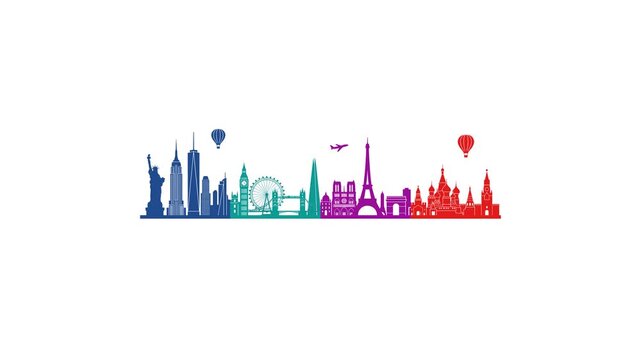 Seamless looping animation of colorful city skylines from around the world, modern motion graphics background