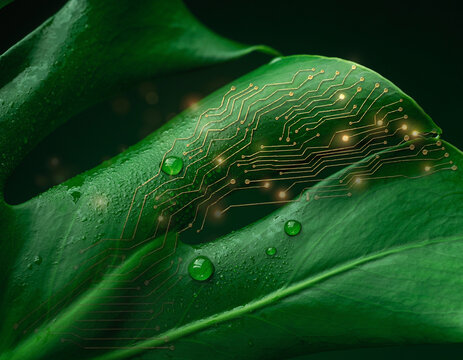 Green leaf with a water droplet on it and glowing golden digital circuitry