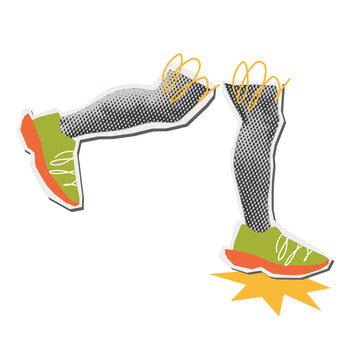 Y2K autumn trail running foot and shoes halftone collage element. Autumn season outdoor sport activity funky scrapbook sticker with doodle. Isolated cut out illustration.