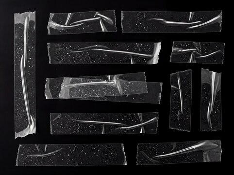 Set of clear plastic tape strips isolated on black background, transparent glossy adhesive tape for scrapbook, collage and design overlay