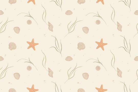 Seamless pattern of hand drawn sea shells, starfish, and seaweed on a light beige background, nautical themed summer beach
