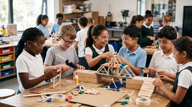Diverse group of elementary school children collaborating on a STEM project building a bridge structure in a classroom