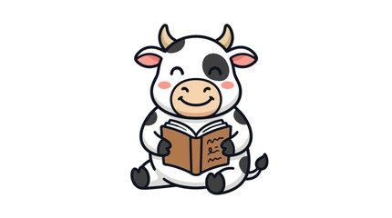 Fototapeta premium Cute Adorable Cow Character Reading A Book Illustration Featuring A Friendly Farm Animal Engaged In Educational Study Activities For Kids Projects