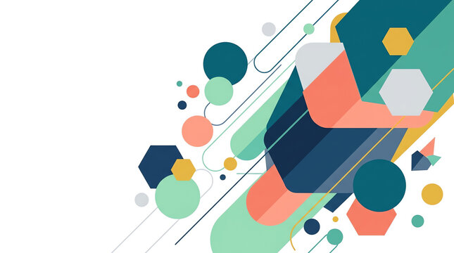 Abstract geometric composition with colorful circles and hexagons