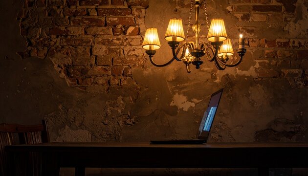 薄暗いレンガ壁の部屋でシャンデリアに照らされるノートパソコン