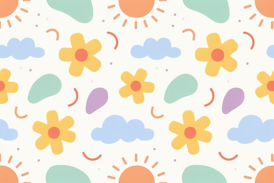 Seamless pattern with hand drawn including yellow flowers, orange suns, blue clouds, and pastel shapes on a light cream background