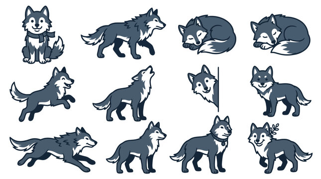 Husky and wolf behavior icons showing diverse poses.