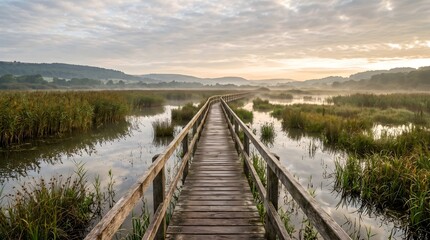 Obraz premium A narrow wooden boardwalk crossing a vast misty wetland surrounded by reflective water and tall native grasses.