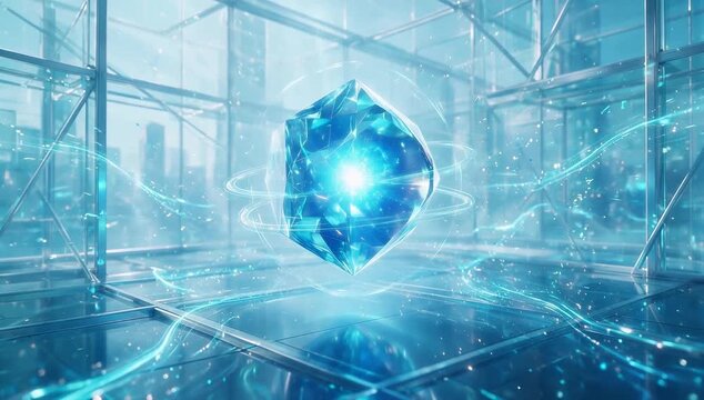 Futuristic blue crystal energy core glowing in modern glass technology laboratory