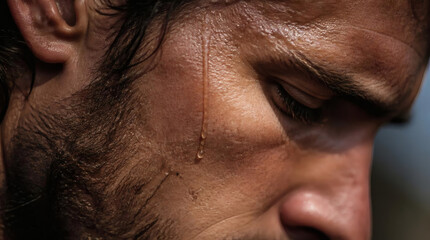 Fototapeta premium Close Up Extreme Sweat on Man Face During Exercise Showing Exhaustion
