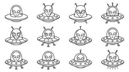 Alien Spaceship Collection: Cute UFOs and Extraterrestrial Heads - Vector Icons © Petrik